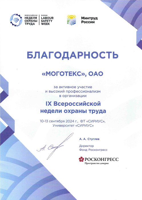 Благодарность за участие в организации «IX Всероссийской недели охраны труда» - 2024